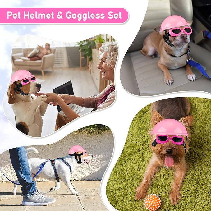 Frienda Dog Helmet and Goggles, UV Protection Doggy Sunglasses and 4 Inch Padded Puppy Motorcycle Helmet Adorable Dog Goggles with Adjustable Belt for Small Dogs Puppy Riding(Pink,M)
