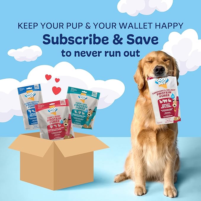 Good Boy Protein Purees Variety Pack Dog Food Mixers for All Adult Dogs, 90 Count, Easy Single-Serve Triple Flavor Topper Treats with Chicken, Salmon, Duck, Beef and Rabbit