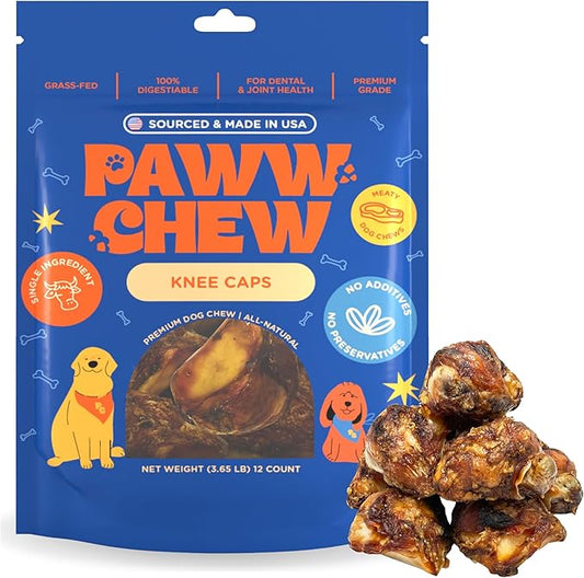 Paww Chew Knee Caps for Dogs, 100% Natural, Single Ingredient (12 Pack) Made and Sourced in the USA, High Protein, Grass-Fed Beef Knee Caps & Knuckle Bones, Long Lasting Cow Knee Caps, Meaty Dog Bones