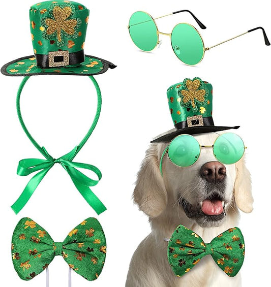 Yaomiao 3 Pcs St Patrick's Day Dog Costume, St. Patty's Day Doggie Outfit Hat Headband Green Round Pet Sunglasses and Green Shamrock Bow Tie Set for Medium Large Dogs