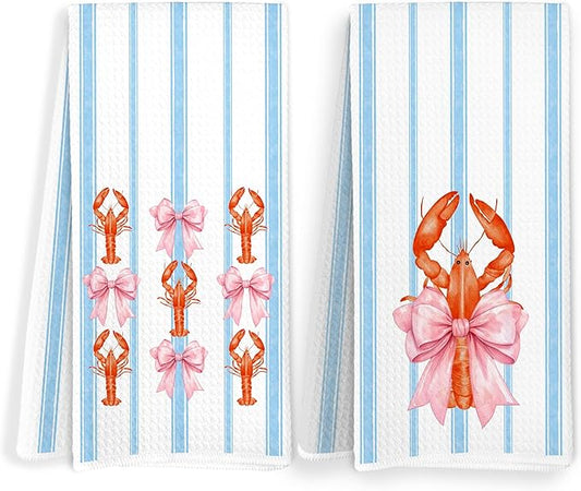 Pink Bow Lobster Coastal Kitchen Towels, Preppy Blue Striped Crawfish Beach Dish Tea Towels for Kitchen Decor, Beach Seafood Hand Towels, Seafood Boil Party Supplies, 16x24 Inch Set of 2