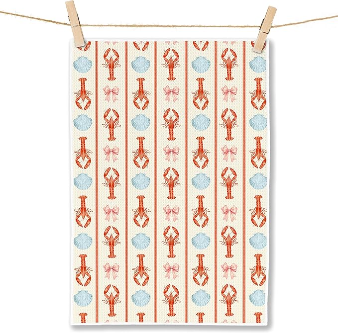 Coquette Pink Bow Seashell Lobster Beach Kitchen Towels, Ocean Crawfish Dish Tea Towels for Kitchen, Coastal Nautical Hand Towels for Bathroom, Seafood Boil Party Supplies, 16x24 Inch