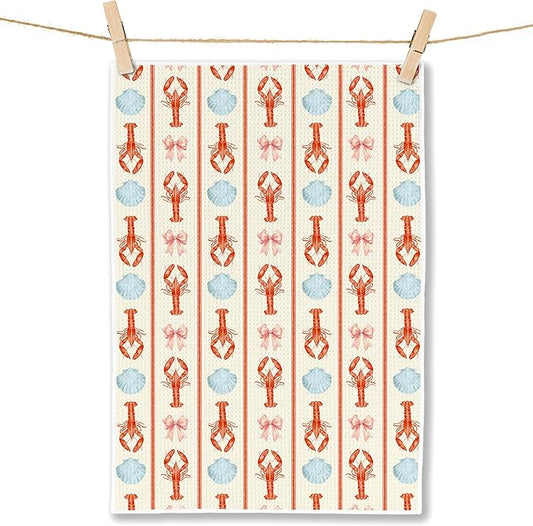 Coquette Pink Bow Seashell Lobster Beach Kitchen Towels, Ocean Crawfish Dish Tea Towels for Kitchen, Coastal Nautical Hand Towels for Bathroom, Seafood Boil Party Supplies, 16x24 Inch