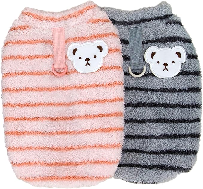 Pet Pullover Dog Sweater Striped Winter Puppy Clothes for Small Dogs Cats Warm Dog Knitwear Outfits Doggy Knitted Clothing with D-Ring, 2 Pack, Pink Grey, X-Large