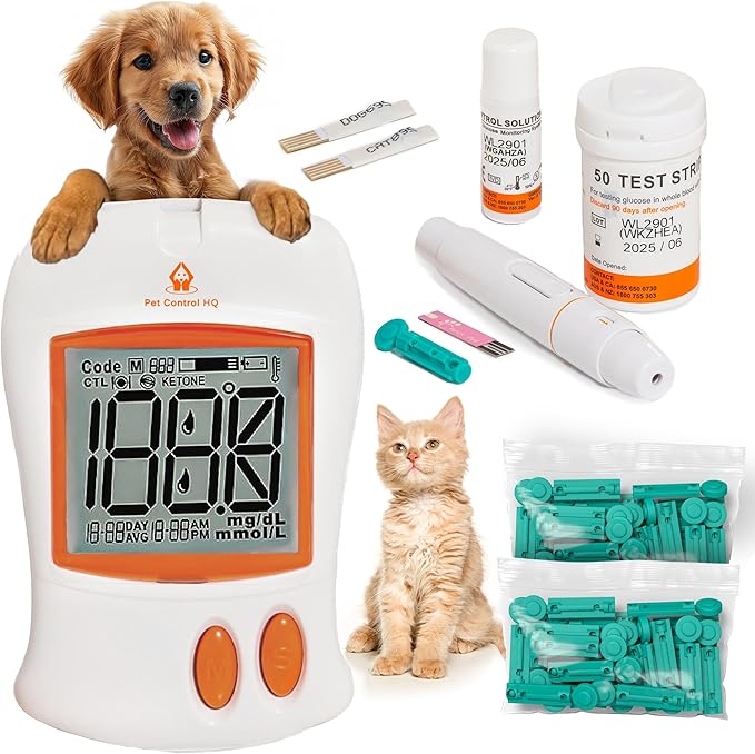 Pet Blood Glucose Monitor for Dogs & Cats – Pet Glucose Monitoring Kit Vet-Calibrated Dual Code-Chip System, 10-Second Results, 0.6µL Sample, 50 Test Strips, Complete Home Diabetes Testing