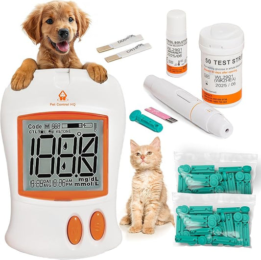 Pet Blood Glucose Monitor for Dogs & Cats – Pet Glucose Monitoring Kit Vet-Calibrated Dual Code-Chip System, 10-Second Results, 0.6µL Sample, 50 Test Strips, Complete Home Diabetes Testing