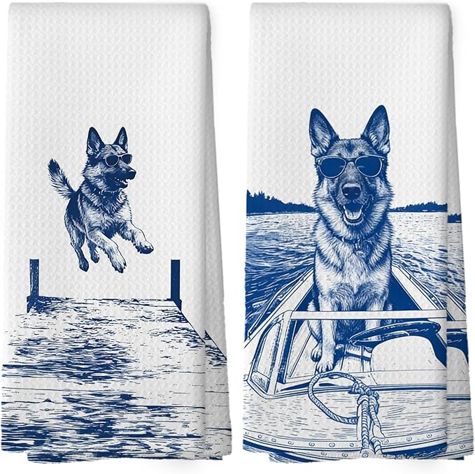 Lake House Decor German Shepherd Kitchen Towels Set of 2, Summer Funny Lake Dog Coastal Bathroom Hand Towel, Dog Lover Gifts Tea Towel Dish Towels 16x24 Inch