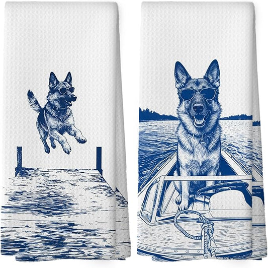 Lake House Decor German Shepherd Kitchen Towels Set of 2, Summer Funny Lake Dog Coastal Bathroom Hand Towel, Dog Lover Gifts Tea Towel Dish Towels 16x24 Inch