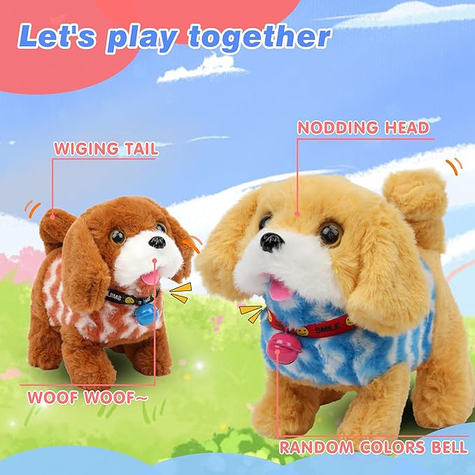 Hopearl Walking Dog Golden Retriever in Blue Vest Interactive Electronic Pet Plush Toy Puppy Woof and Moving Animated Nodding Head Gift for Toddlers Birthday, Brown, 7''