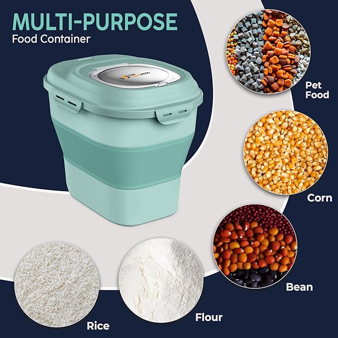 Dog Food Storage Container 30-35 lb, Airtight Collapsible Cute Dog Food Container with Wheels & Scoop, Stackable Pet Food Storage Container for Dog & Cat Food (Green)