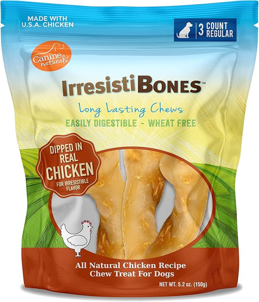 Canine Naturals IrresistiBONES Long Lasting Chicken Chew - Made from USA Raised Chicken – with A Real Meat Coating - All Natural and Easily Digestible - 3 Pack