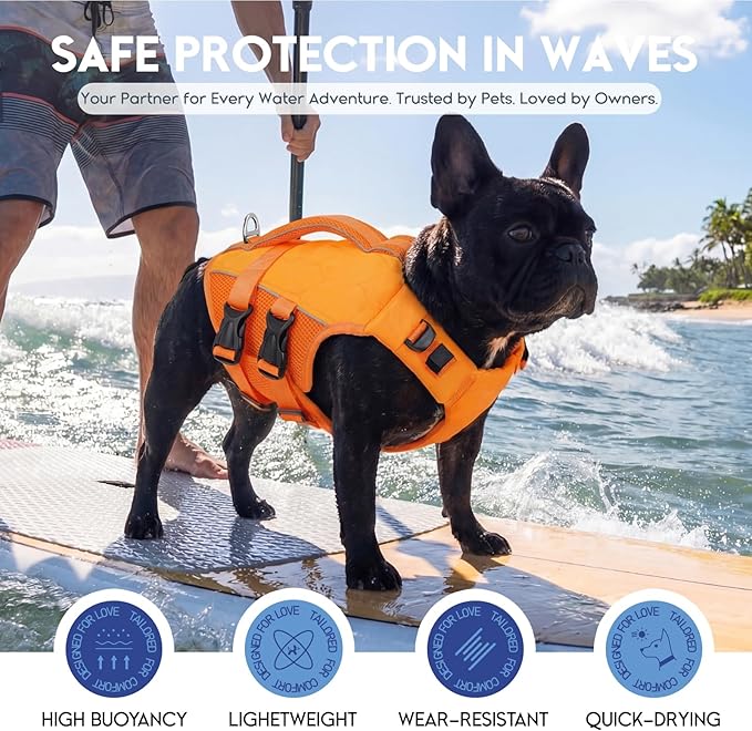 ASENKU Dog Life Jacket, High-Buoyancy Reflective Dog Swimming Vest with Durable Handles for Small/Medium/Large Dogs - Pool, Beach, Boating (Orange, L)