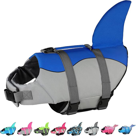 Dogcheer Dog Life Jacket Shark, Adjustable Dog Swim Life Vest for Swimming Boating with Superior Buoyancy & Rescue Handle, Ripstop Pet Float Vest Coat for Small Medium Large Dogs - Blue, M