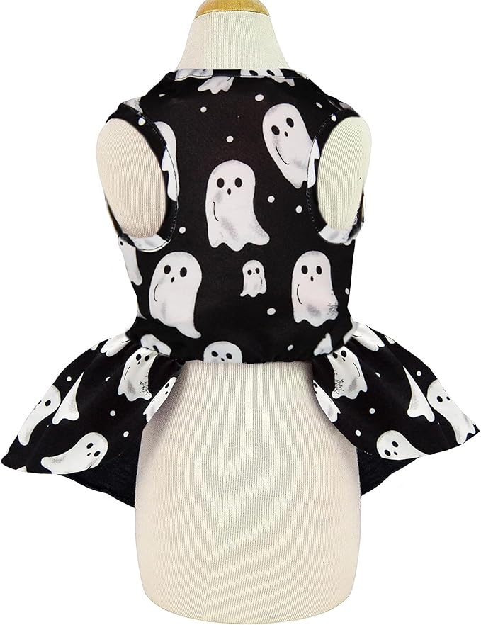 Halloween Dog Dress Ghost Print Pet Costume with Orange Bow Soft Fabric 5 Sizes for Small & Medium Dogs Cute & Comfortable Holiday Outfit