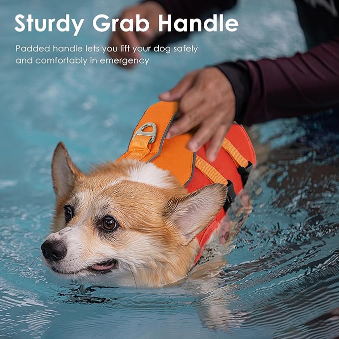 Dog Life Jacket, High Buoyancy Dog Life Vest with Handle for Swimming Boating, Adjustable Swimming Vest with Reflective Trim for Small Medium Large Dogs - Orange, XL