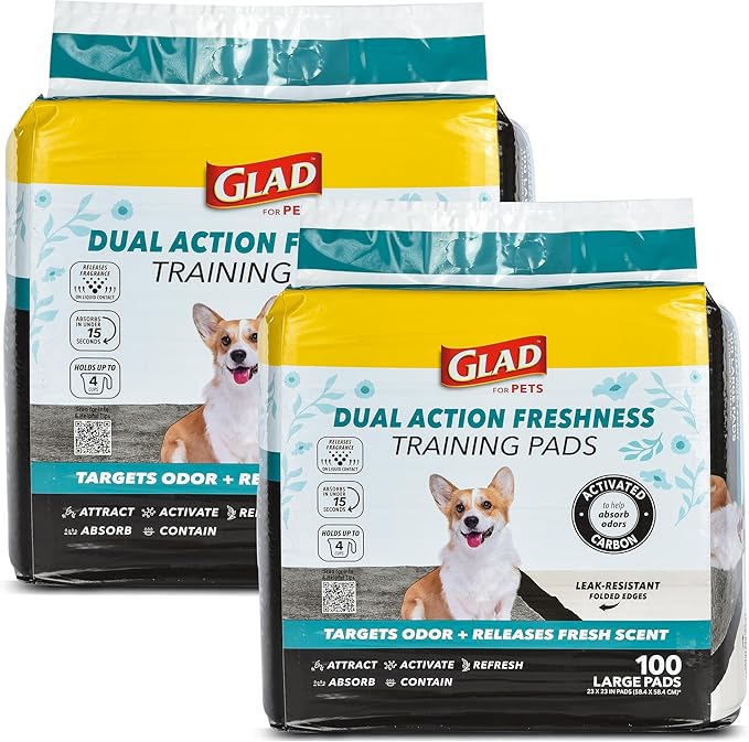 Glad for Pets Dual Action Freshness Activated Carbon Puppy Training Pads with Fragrance Release, Scented Pee Pads, Ultra Absorbent, Odor Control, 23"x23" 100ct - 2 Pack