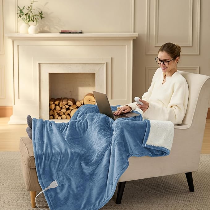 Bedsure Heated Blanket Throw Blanket - Fast Heating Electric Blanket, Soft Flannel Throw with 6 Time Settings(Up to 10H), 6 Heating Settings, Gifts for Grandma Grandpa Seniors (50"x60", Blue)