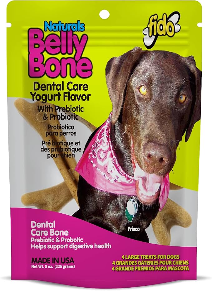 Fido - Belly Bones for Dogs, 4 Yogurt Flavor Large Dog Dental Treats (Made in USA) - 4 Count Dog Treats for Large Dogs - Plaque and Tartar Control for Fresh Breath, Digestive Health Support