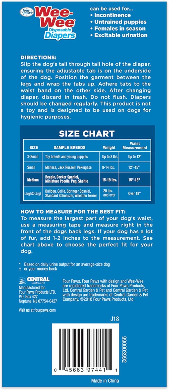 Four Paws Wee-Wee Super Absorbent Disposable Adjustable Dog Potty Training Diapers, Leak-Proof Protection for Dogs, Size Medium, 15" - 18" Waist, 36 Count