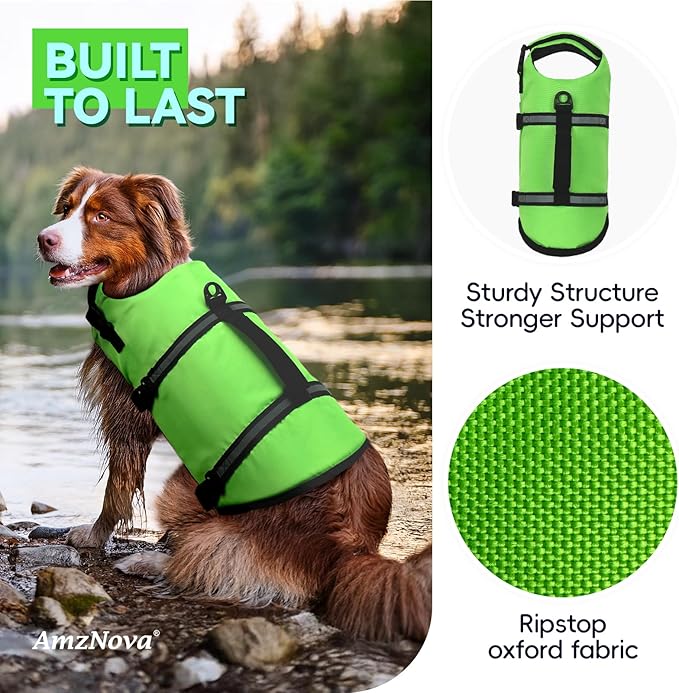 AMZNOVA Rip Stop Dog Life Jacket, Dog Life Vest for Swimming & Boating, Lightweight & Buoyancy for Doggy Puppy, Lifejacket with Handle, L, Bright Green