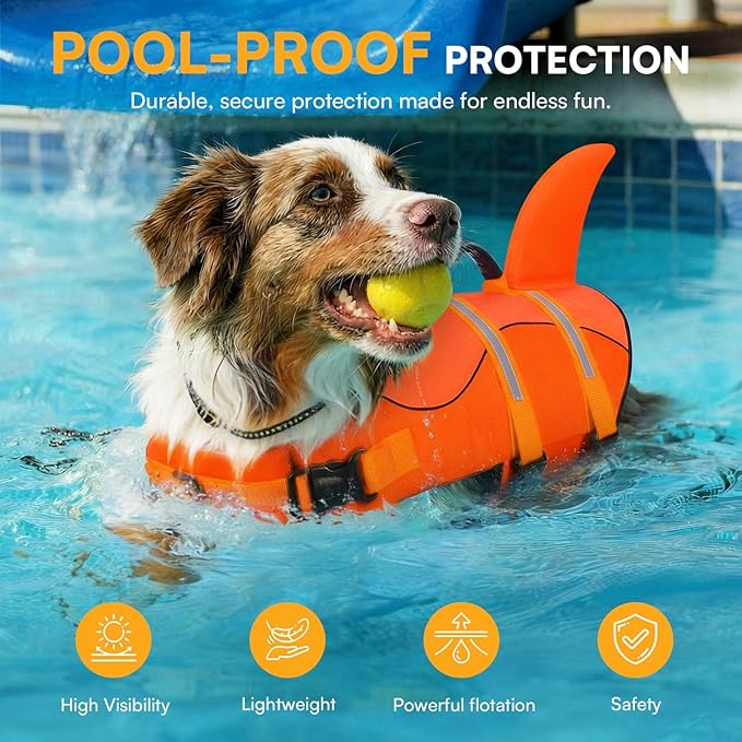 Queenmore Dog Life Jacket, Dog Life Vest for Swimming, High Buoyancy Shark Swimming Safety Vest for Extra Large Dogs, Reflective Pet Lifesaver Preserver with Rescue Handle, Orange 2XL