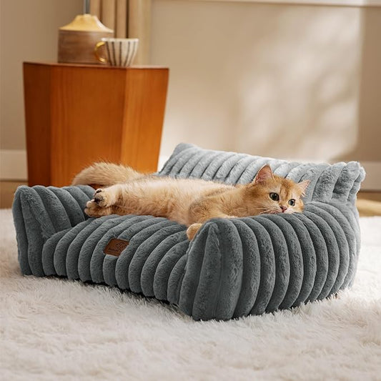 Bedsure ComfyFleece Cat Couch for Pets - Fluffy Cat Sofa with Premium Soft Corduroy Fleece, Fuzzy Pet Couch Bed with Removable Washable Cover, Supportive Pet Chair for Indoor Cats, 24inch, Warm Grey