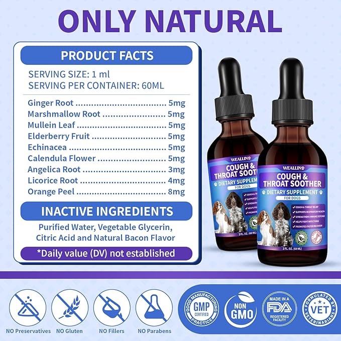 Dog Cough Treatment Support for Dogs - Dog Cough Care Natural Solution for Cough Natural Dog Cough Supplement Herbal Drops Support for All Breeds - 60 ml/2 Fl Oz