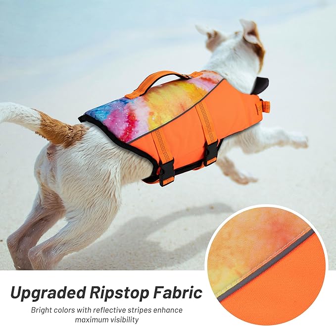 cyeollo Dog Life Jacket Ripstop Dog Life Vest, Pet Safety Vest with Rescue Hadle for Swimming Boating, Reflective Lifejackets with Front Float for Small Medium Large Dogs, Tie Dye Orange M