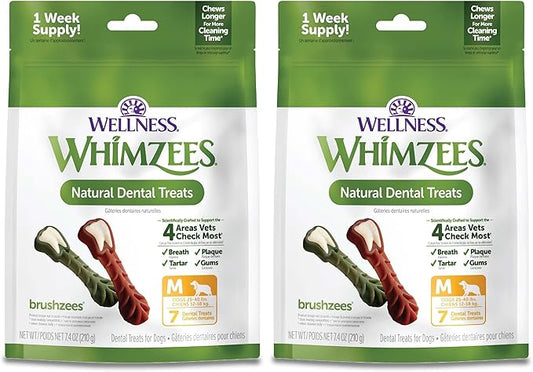 Whimzees Wellness Daily Brushzees Dog Dental Treats, Natural Chews, Medium Size Stick, (7 Count) (Pack of 2)