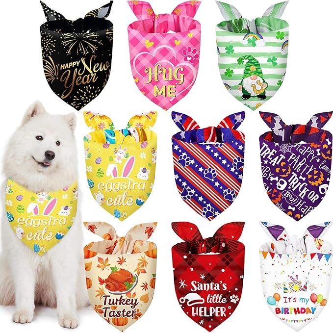Weewooday 9 Pcs Holiday Dog Bandanas Easter Bandanas Patriotic Birthday Scarf Adjustable Large Pet Washable Scarves for Large Dog Supply(Fresh Pattern)