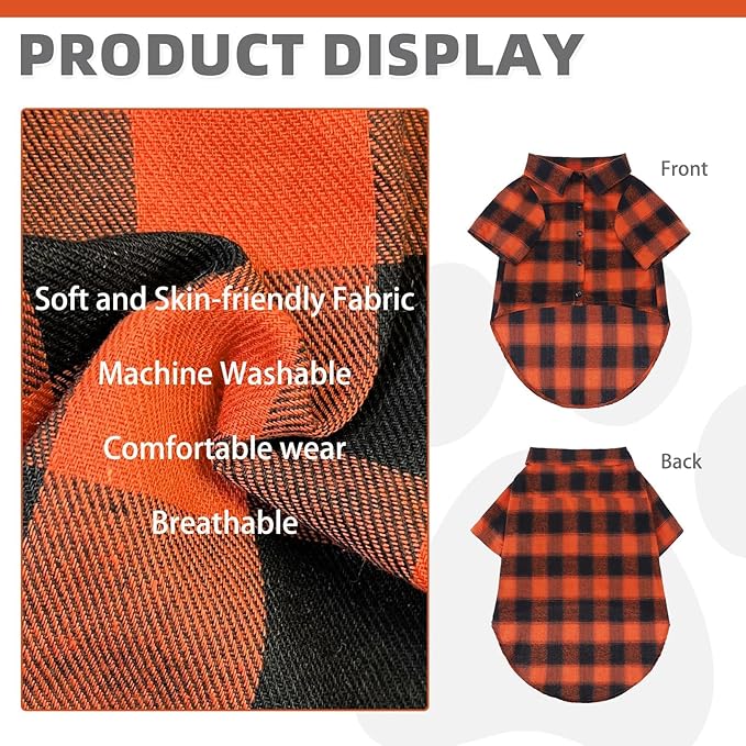 KOOLTAIL Fall Dog Shirt, Thanksgiving Orange Plaid Pet Shirts, Cute Dog Apparel Clothes Suitable for All Seasons, Comfortable Dogs T-Shirt for Small Medium Large Dogs Cats, Pet Outfit Costume, S