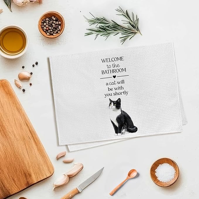 Funny Tuxedo Cat Hand Towels, Funny Tuxedo Cats Gifts for Cats Lovers Women Hand Towel, A Cat Will Be with You Shortly Decorative Towel for Bathroom, Cute Kitty Bathroom Decor, 16x24in