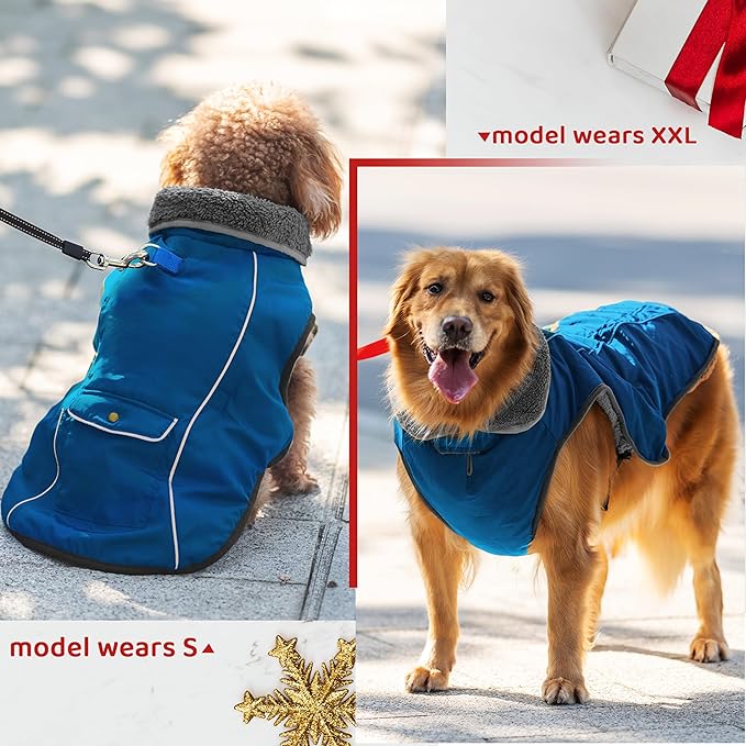 Dog Winter Coat - Warm Dog Clothes for Rain Snow Wind Cold Weather - Reflective Blue Adjustable Windproof Pet Vest Jacket with Leash Hole for Small Medium Large Dogs Indoor Outdoor