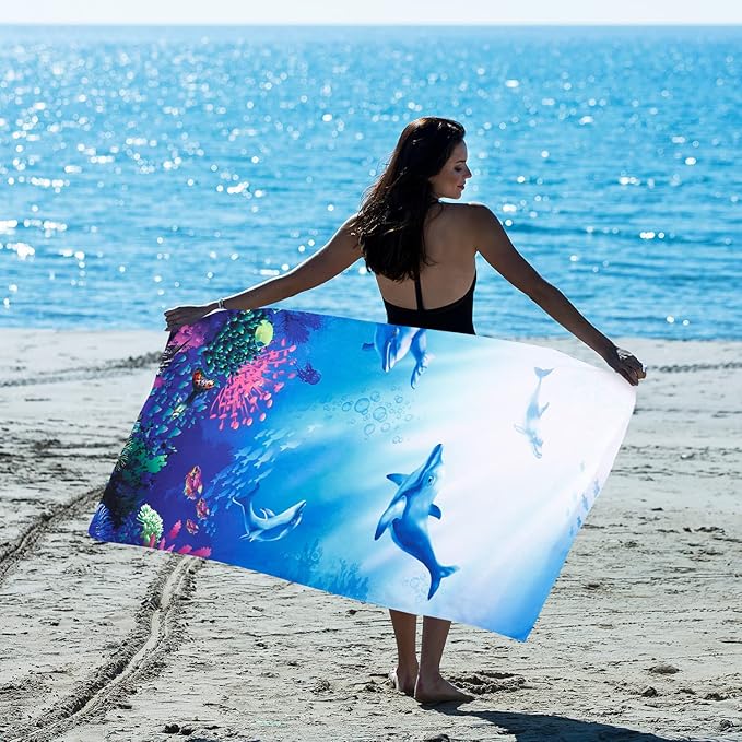 LIVILAN Dolphin Beach Towel, 30" x 60" Thin, Lightweight Microfiber for Girls, Kids, Women, Super Soft, Quick Dry, Sand Free, Ideal for Pool, Bath, Travel, Perfect Dolphin Gifts