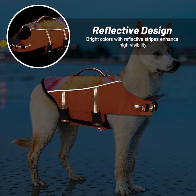 cyeollo Dog Life Jacket Ripstop Dog Life Vest, Pet Safety Vest with Rescue Hadle for Swimming Boating, Reflective Lifejackets with Front Float for Small Medium Large Dogs, Tie Dye Orange M