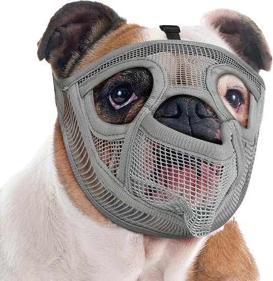 Mayerzon Short Snout Dog Muzzle for French Bulldog with Full Pant Design to Prevent Eating Biting, Soft Mesh Dog Muzzle for Shih Tzu Pug English Bulldog for Grooming Walking, Allow to Drink and Feed