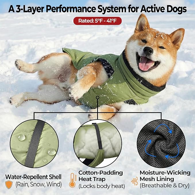 Dog Winter Coat, Warm Puffer Jacket with Fur-Safe Buckle & Leash Hole for Cold Weather, Water-Repellent Snow Vest, Breathable Thermal Apparel for Hiking & Active Dogs (Green, Small)