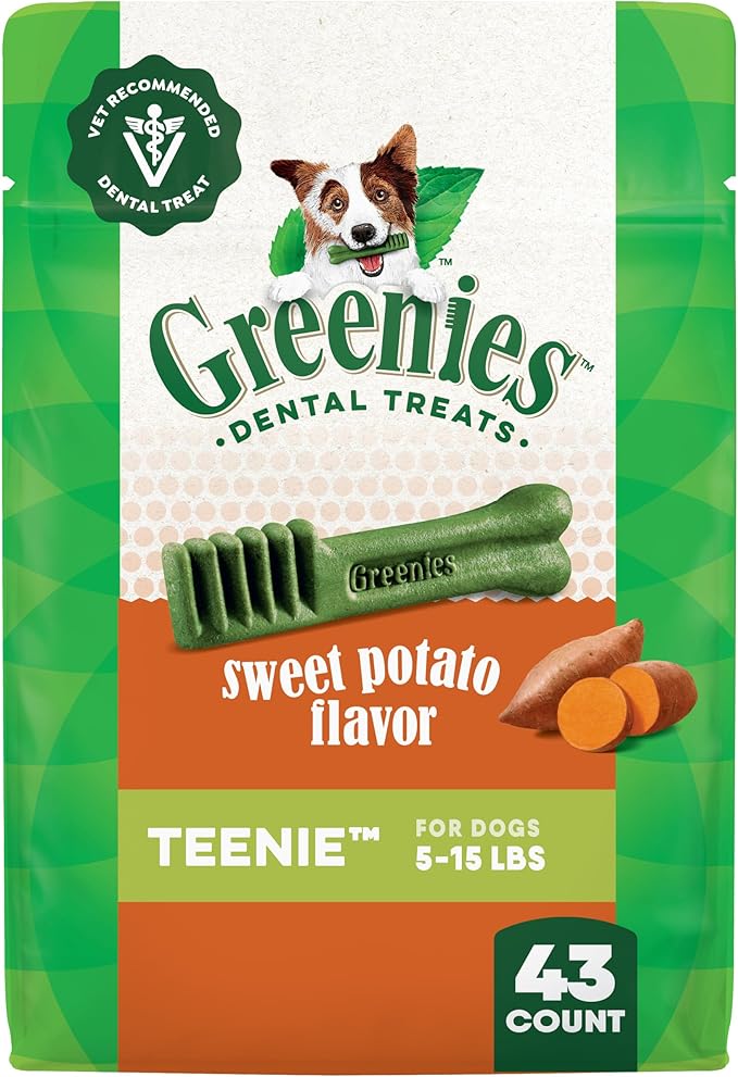 Greenies Dog Treats Veterinarian-Recommended Natural Dental Treats for Dogs, Teenie Size, Sweet Potato Flavor, 12 oz. Pack, 43 Count