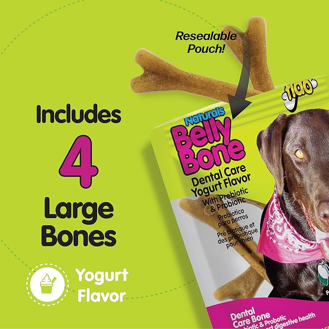 Fido - Belly Bones for Dogs, 4 Yogurt Flavor Large Dog Dental Treats (Made in USA) - 4 Count Dog Treats for Large Dogs - Plaque and Tartar Control for Fresh Breath, Digestive Health Support