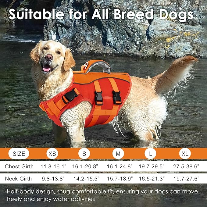 Dog Life Jacket, High Buoyancy Dog Life Vest with Handle for Swimming Boating, Adjustable Swimming Vest with Reflective Trim for Small Medium Large Dogs - Orange, M