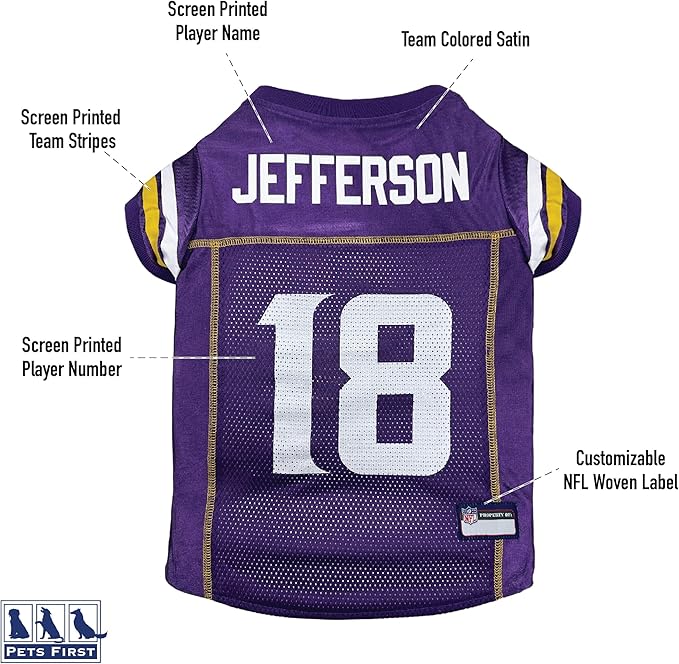 NFLPA Justin Jefferson PET Jersey, NFL Dog Shirt, Size X-Large, Minnesota Vikings Mesh Jersey for Dogs