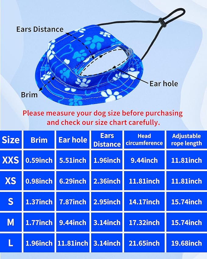 PET SHOW Dog Bucket Hat Paw Print Dog Visors for Small Doggy Cats Waterproof Outdoor Pet Sun Hats with Ear Holes Round Brim Adjustable Drawstring Boy Puppy Cap-Royal Blue/XS