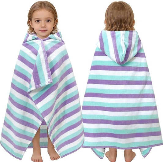 VOOVA & MOVAS Toddler Hooded Bath Towels 0-3T, 25''X40, Soft | Thick | 100% Cotton | Absorbent Towel Wrap for Baby, Perfect for Beach, Pool, Bath, Swimming,Blue Purple Stripe