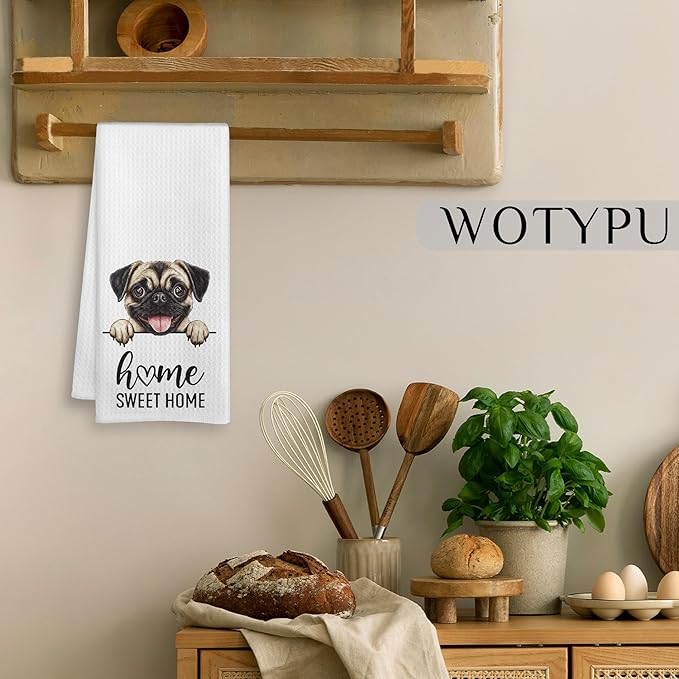 Pug Gifts Kitchen Towels, Gifts for Pug Lovers Dish Tea Towels, Dog Lover Mom Dad Gifts Decorative Hand Towel for Bathroom, Home Sweet Home Decor, 16x24 Inch