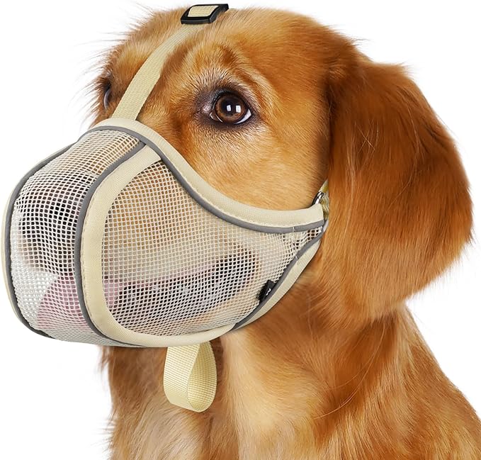 Mayerzon Dog Muzzle to Prevent Biting Scavenging Chewing, Soft Mesh Puppy Muzzles for Large Sized Dogs, Breathable, Reflective, Adjustable Mouth Guard for Grooming Walking Training (L, Khaki)