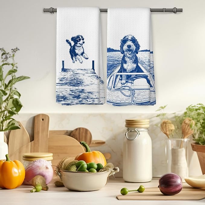 Lake House Decor Bernedoodle Kitchen Towels Set of 2, Summer Funny Lake Dog Coastal Bathroom Hand Towel, Dog Lover Gifts Tea Towel Dish Towels 16x24 Inch