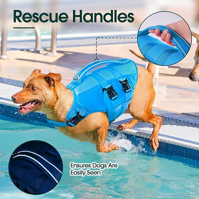Kuoser Dog Life Jacket XL, High Flotation Dog Water Vest for Swimming Boating, Reflective Doggie Swimming Vest Pet Life Preserver with Rescue Handle, Blue XL