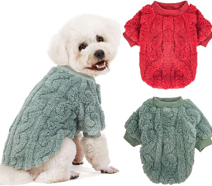 Dog Sweater, 2 Pack Dog Sweaters for Small Dogs or Cats, Girl or Boy, Warm Dog Clothes Shirt Coat for Winter Christmas (Green, Red, XX-Small)