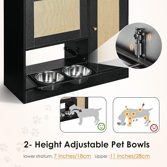 Pet Feeder Station with 2 Lockers, Dog Feeding Station Dog Food Toy Storage Cabinet Storage Container with 2 Pull Out Bowls, Adjustable Panel, Side Hooks, Rattan Door, Black (33.1" Lx14.6 Wx29.6 H)