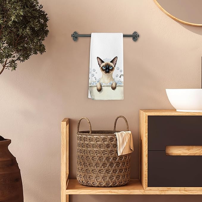 Siamese Cat Gifts Hand Towels Bathroom Decor, Funny Cats Dish Tea Towels, Siamese Cats Gifts for Women, Cat Theme Hand Towel for Restroom Kitchen Washroom Decor, 16x24 Inch